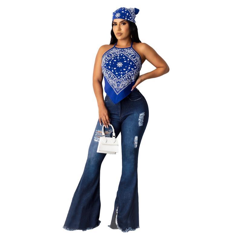 

ripped flare jeans women bell bottom casual jeans pants denim wide leg trousers, Blue