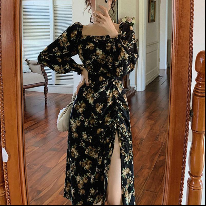 

elegant floral women dress long sleeve midi vintage square collar french party spring korean style, Black;gray