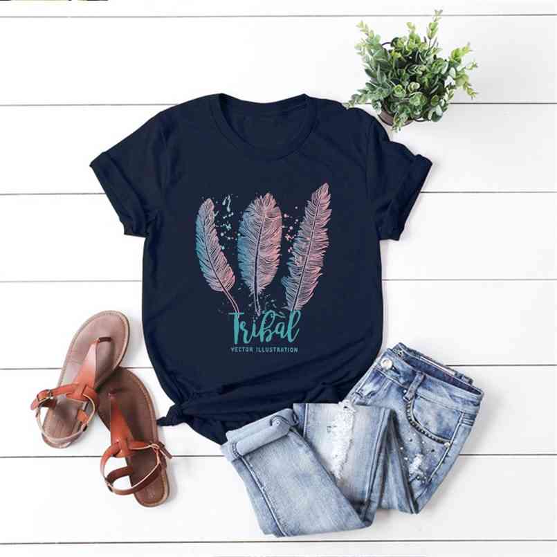 

Women Summer T shirt Cotton Plus Size 5XL Loose Casual Short Sleeve Feather Print t-shirts Fashion Ladies Basic Tee Shirts Tops 210708, Wine red