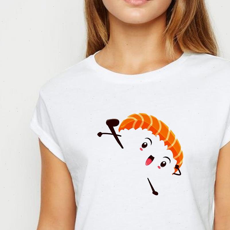 

sushi spring summer loose tee women comfortable recreational simple round collar shirts, White