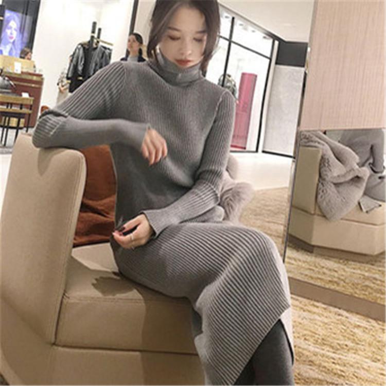 

100%cashmere Bump Stripe Knit Women Casual Slim Long Sweater Dress High Collar Solid Color -M Women's Sweaters, Black