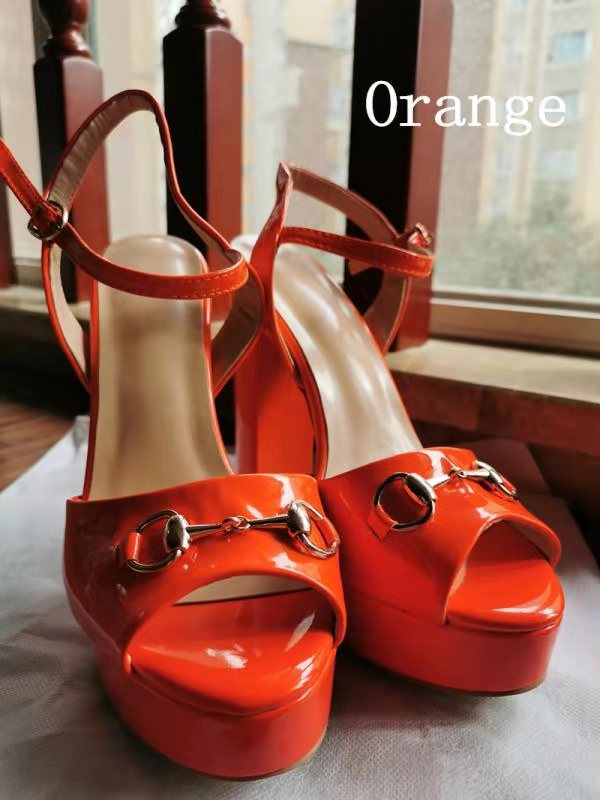 

designer sandal fashion metal buckle chunky heel ankle wrap women high heels sandals Patent Leather chic party shoes 34-45, Burgundy