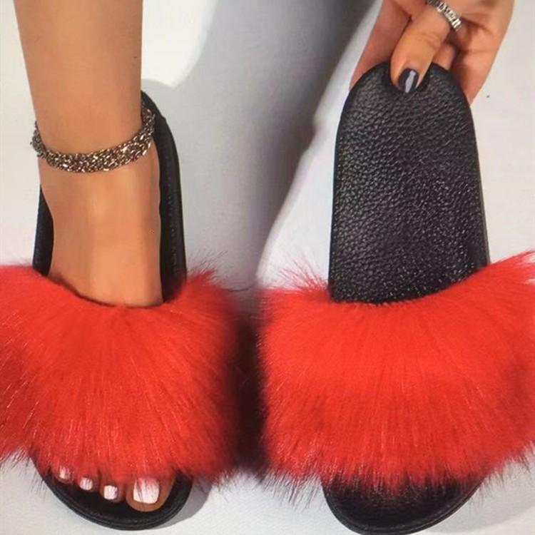 

Sandals Fur Slippers Women Real Slides Home Furry Flat Female Cute Fluffy House Shoes Woman Brand Sandalias Mujer HZLM, Red