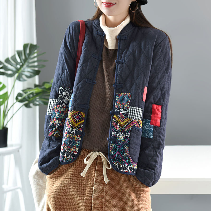 

Autumn Winter Arts Style Women Long Sleeve Vintage Short Coat Patchwork Linen Single Breasted Thicken Jackets S407, Blue