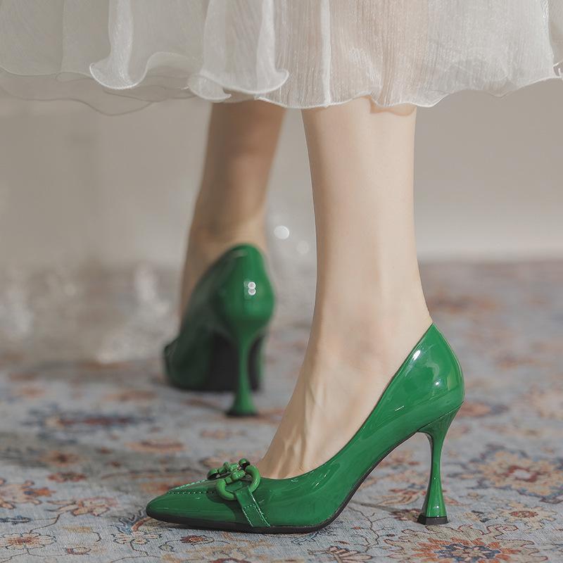 

Dress Shoes Green Thin Heel Women High Heels Pumps Sexy Pointed Toe Ladies Fashion Candy Colors Wedding Woman, Black 9cm
