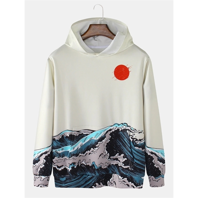

Streetwear Hoodies Mens Sun Waves Landscape Print Japanese Style Daily Pullover Hoodie With Kangaroo Pocket 210813, Black