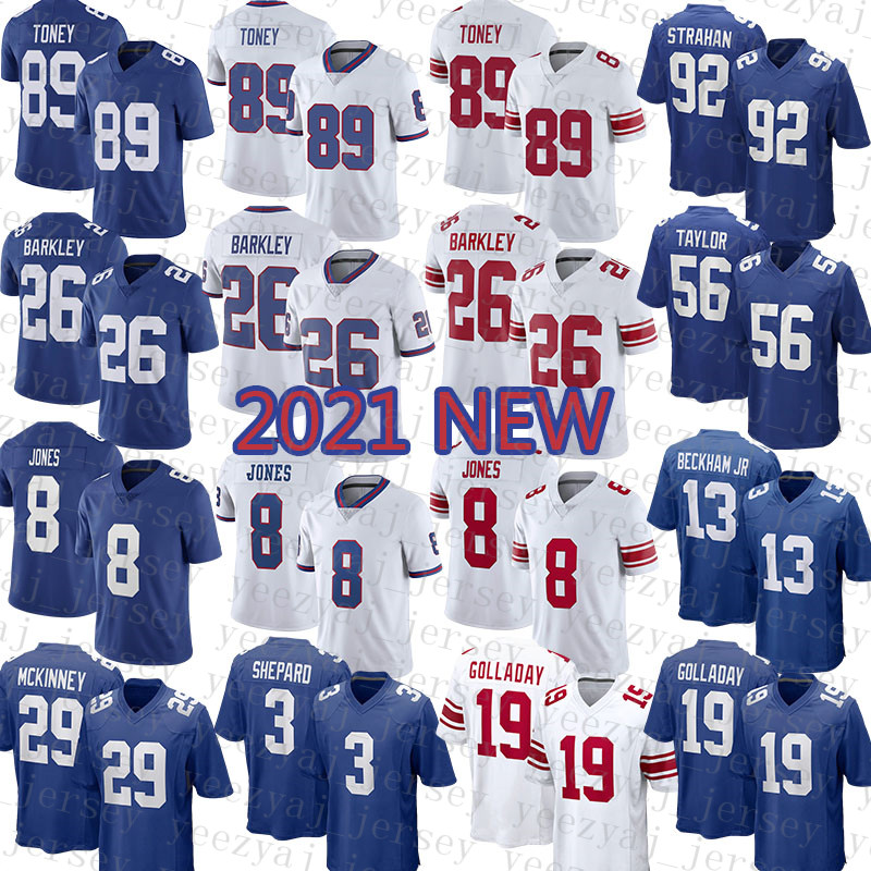 

MEN'S York American Football Jersey Giants 26 Saquon Barkley 89 Kadarius Toney 92 Michael Strahan 19 Kenny Golladay 13 Odell Beckham Jr, Blue;black