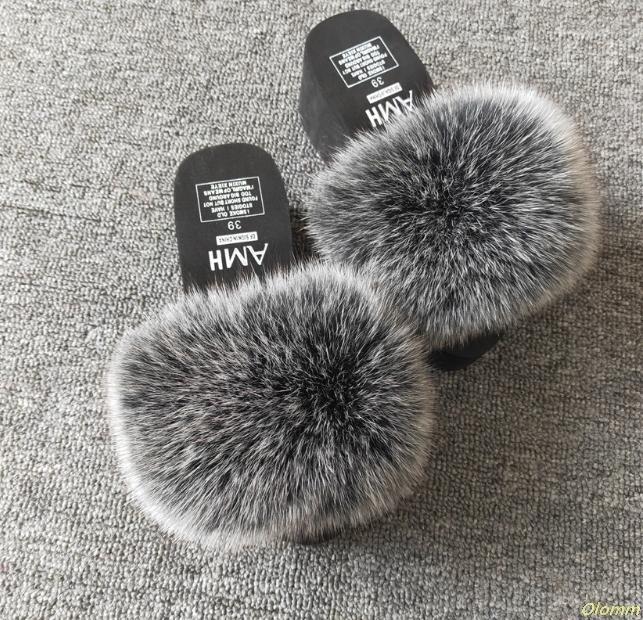 

Slippers Real Fur Platform Women Home Fluffy With Feathers Furry Summer Flats Ladies Shoes Flip Flops, Black