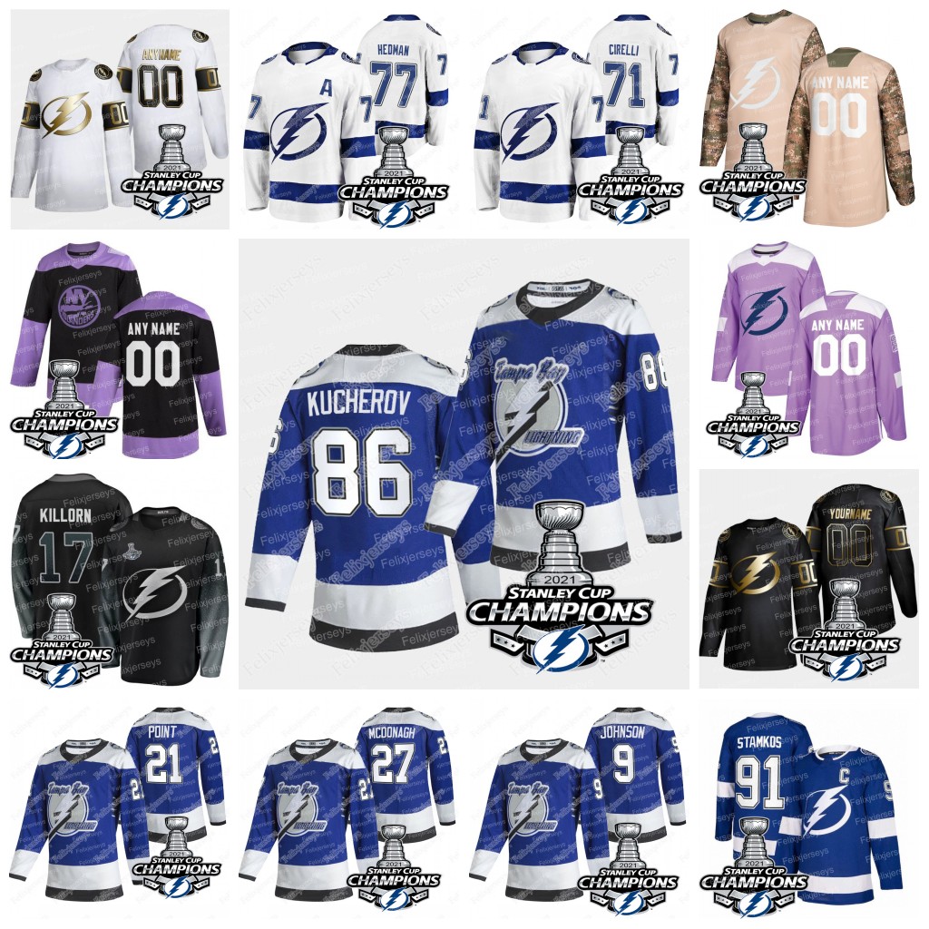 

Nikita Kucherov Tampa Bay Lightning Champtions Jersey Corey Perry Victor Hedman Brayden Point Ryan McDonagh Johnson Maroon Killorn Anthony Cirelli Brian Elliott, Blue men: size s-3xl