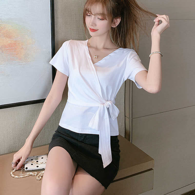 

Spring/Summer Korean Fashion and Elegant OL Women' T-shirt White Lace-up Thin Short 210615, Black