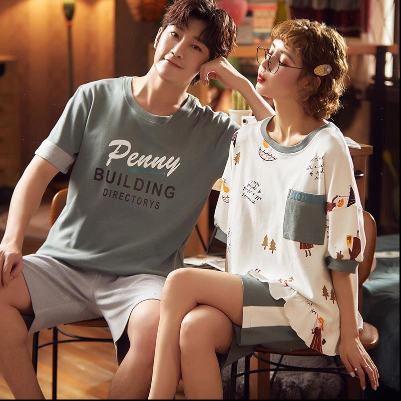 

couple sleepware suit summer pajamas womens sleepwears cotton plus size men pyjamas female nightdress male nightwear pijama mujer homewear, Black;red