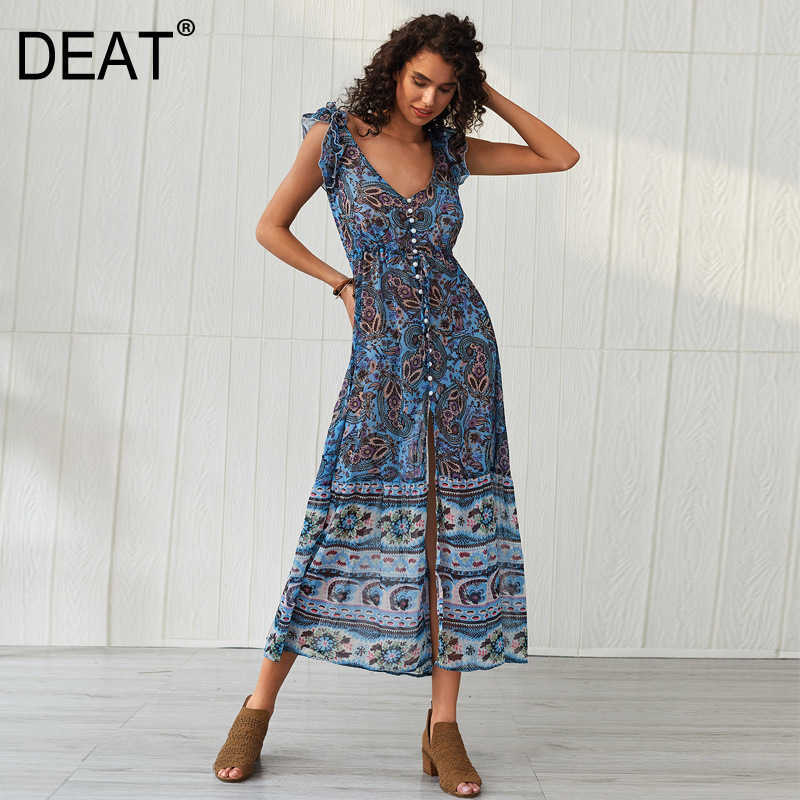 

[DEAT] Summer Vintage Loose Fit Printing Sleeveless Knee-length High Waist V-neck Temperament Sling Dress 13C661 210527, Light blue