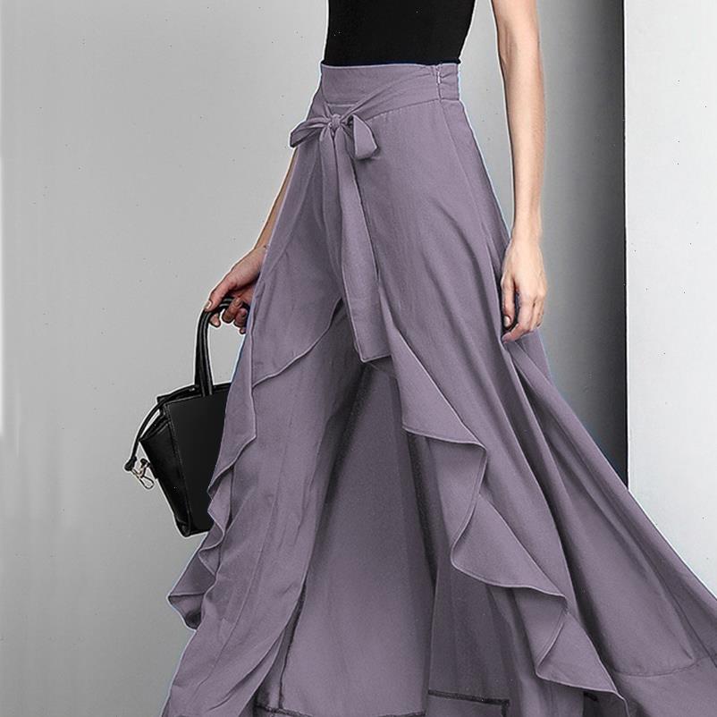 

women leggings palazzo pants causal ruffle irregular plus size female trouser elegant high waist loose solid skirt, Black