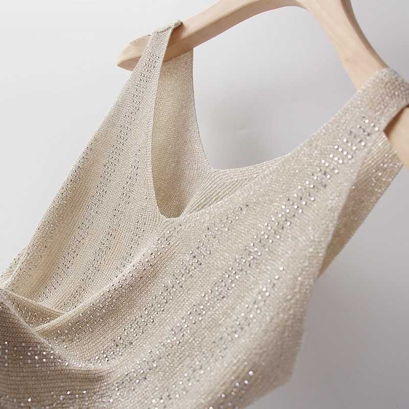 

korean Bling Lurex diamond Summer knit Tank Top for Women Cami Sleeveless Knit vest White Black Women's loose Camisole tops 210607