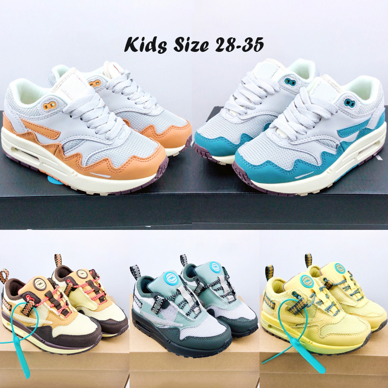 

Patta Travis Scotts 1 1s Kids Running Shoes Newest 87 Designer Monarch Baroque Brown Saturn Gold Noise Aqua Baby Children Sneakers Size 28-35, 02 rush maroon