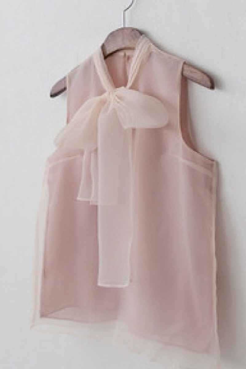 

Summer Bow Organza Sleeveless Shirt Pink Solid Sweet Women Tops 210615
