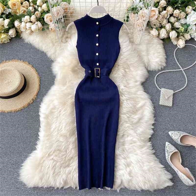 

Elegant Slim Waist A-line Women Knitted Dress Summer Sleeveless Solid Button Female Midi Sexy Vestidos 210519, Black