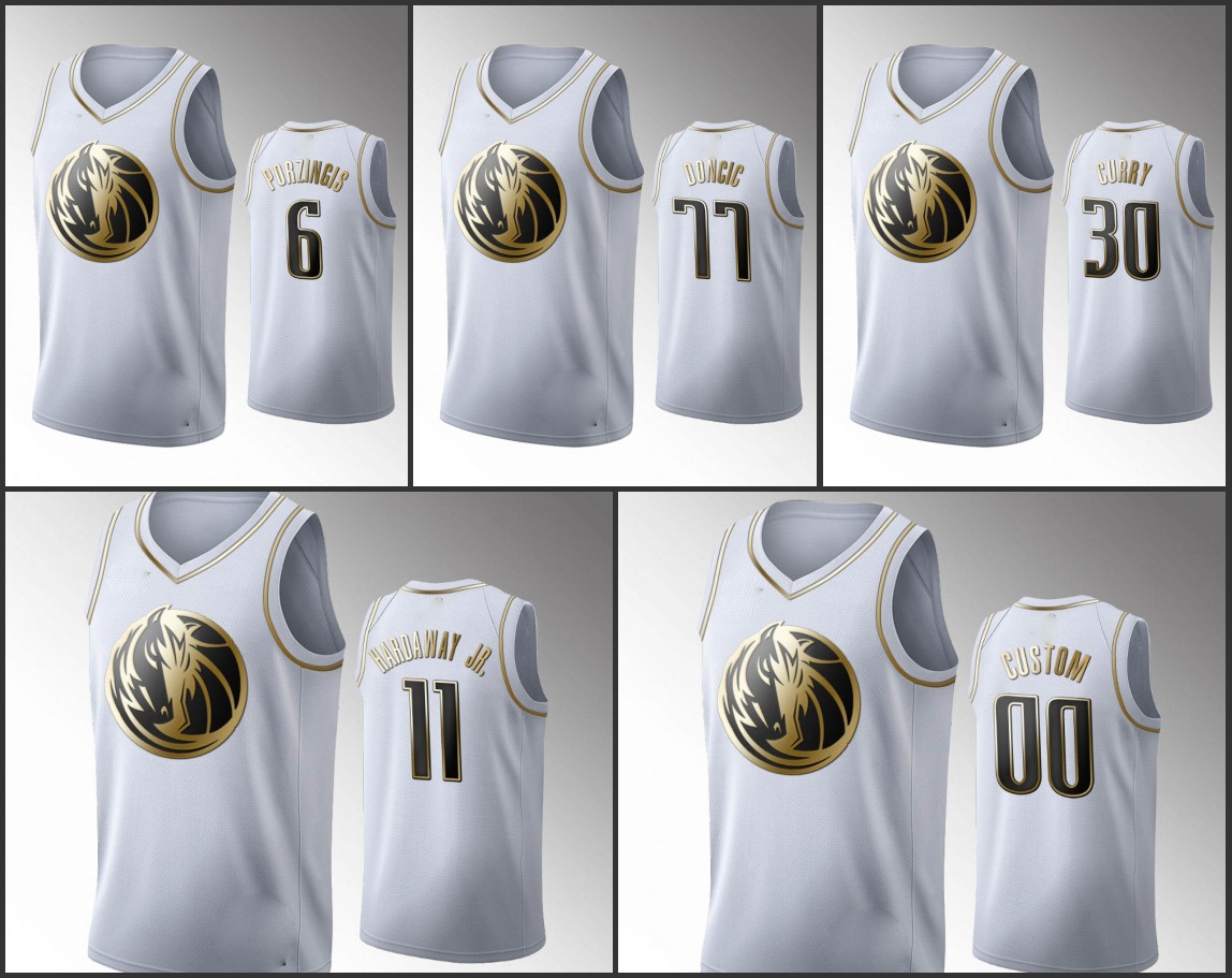 

Dallas''Mavericks''Men Kristaps Porzingis Tim Hardaway Jr. Seth Curry Luka Doncic White Golden Edition Custom Jersey