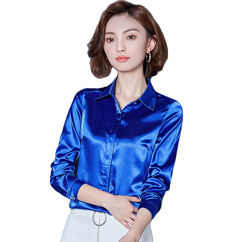 

Women' Blouses & Shirts Women Office work shirts high quality silk satin long sleeve button lapel Party blouse Tops VXNC, Black