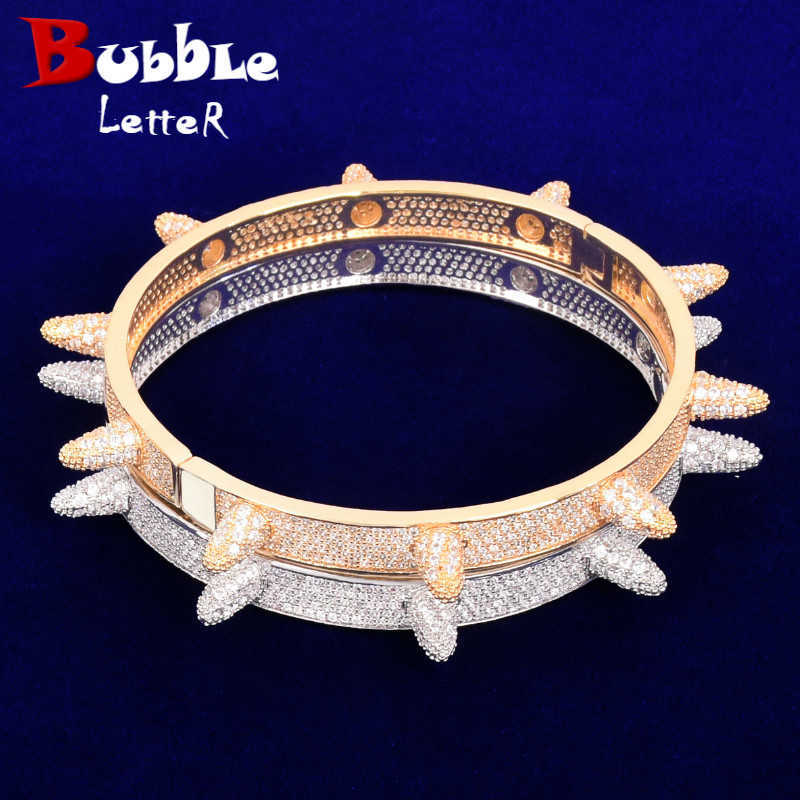 

Gold Color Rivet Spiked Bangle Copper Material Full Zircon Men's Hip Hop Bracelet Rock Punk Jewelry Q0720