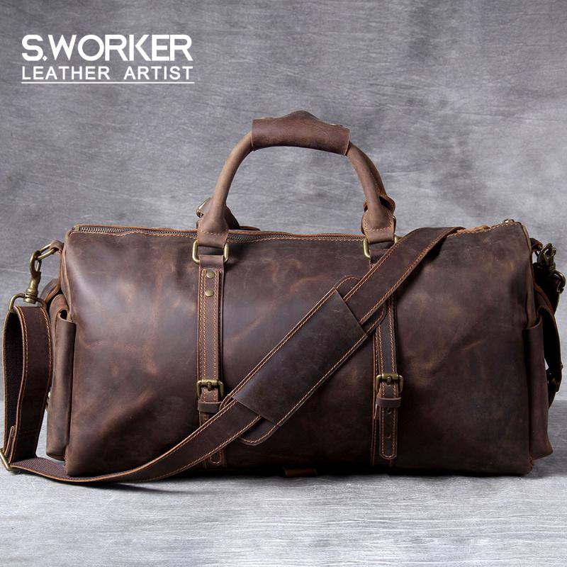 

Duffel Bags S.WORKER Genuine Leather Travel Bag Classic Vintage Full-grain Cowhide Weekender HandBag Carry On Luggage, Dark coffee