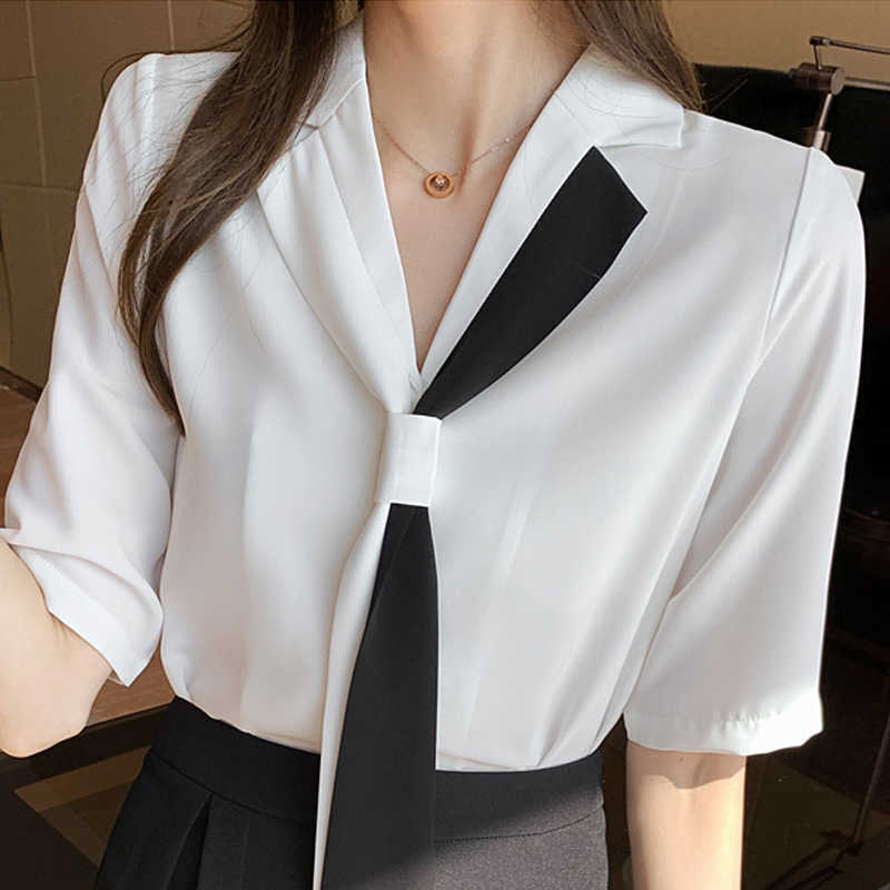 

Blusas Blouses Tops White Blouse Short Sleeve Blouse Women Blusas Mujer De Moda Verano V-Neck Chiffon Blouse Shirt E716 210602