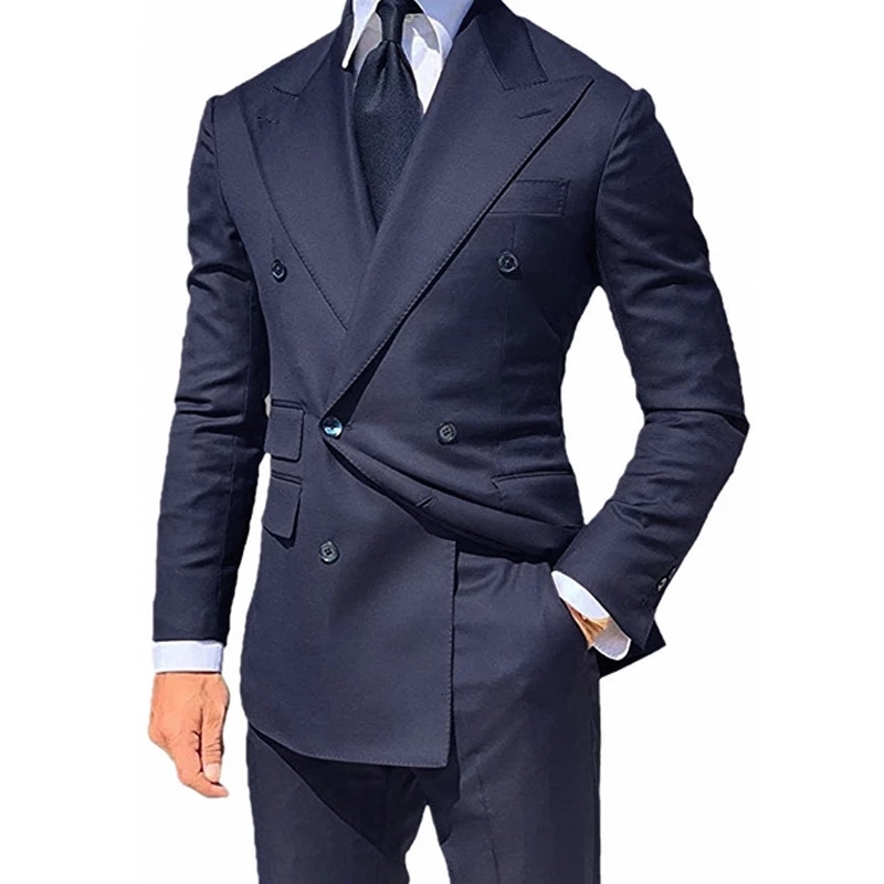 

Men's Suits & Blazers Double sea Veiai breasted thin fit for male lapel peaked custom two wedding piece tuxedo fashion jacket with pan, Navy