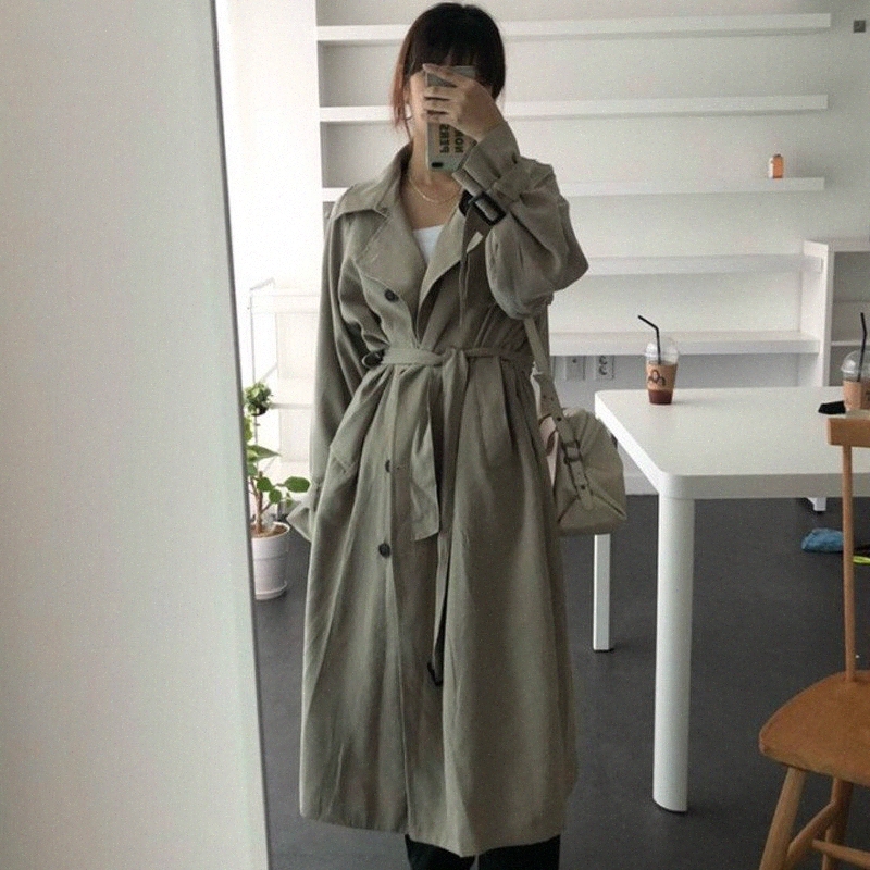 

drop shipping korean turndown collar sash trench coats women long loose female fashion doublebreasted windbreaker overcoats 97s4, Khaki