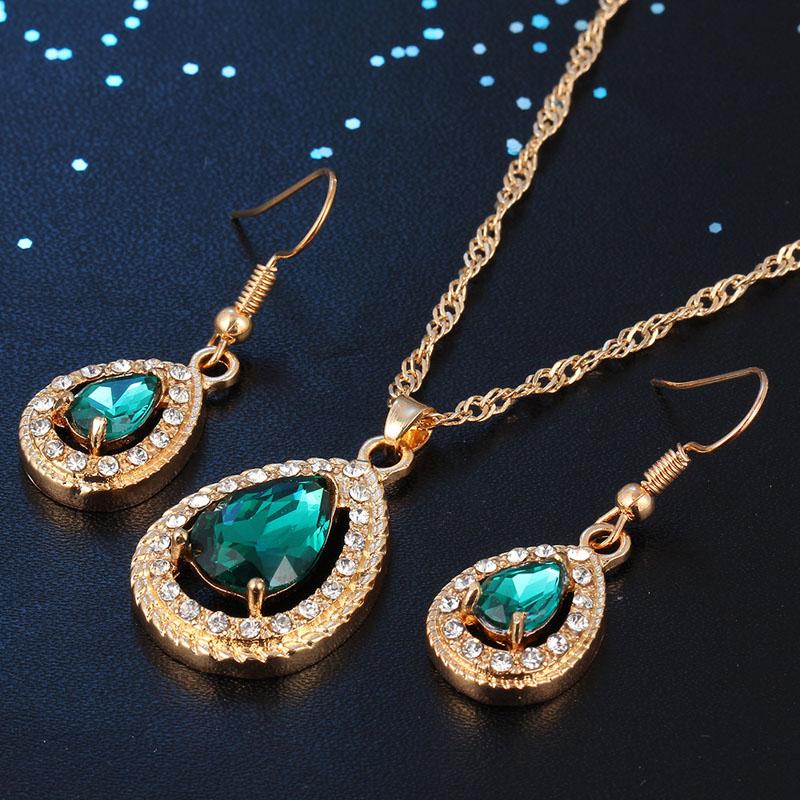 

Earrings & Necklace Red Blue Green Crystal Jewelry Set Dangle 45cm Fashion Gold Chain Drop Earring Pendientes Mujer Moda Arete, As pic