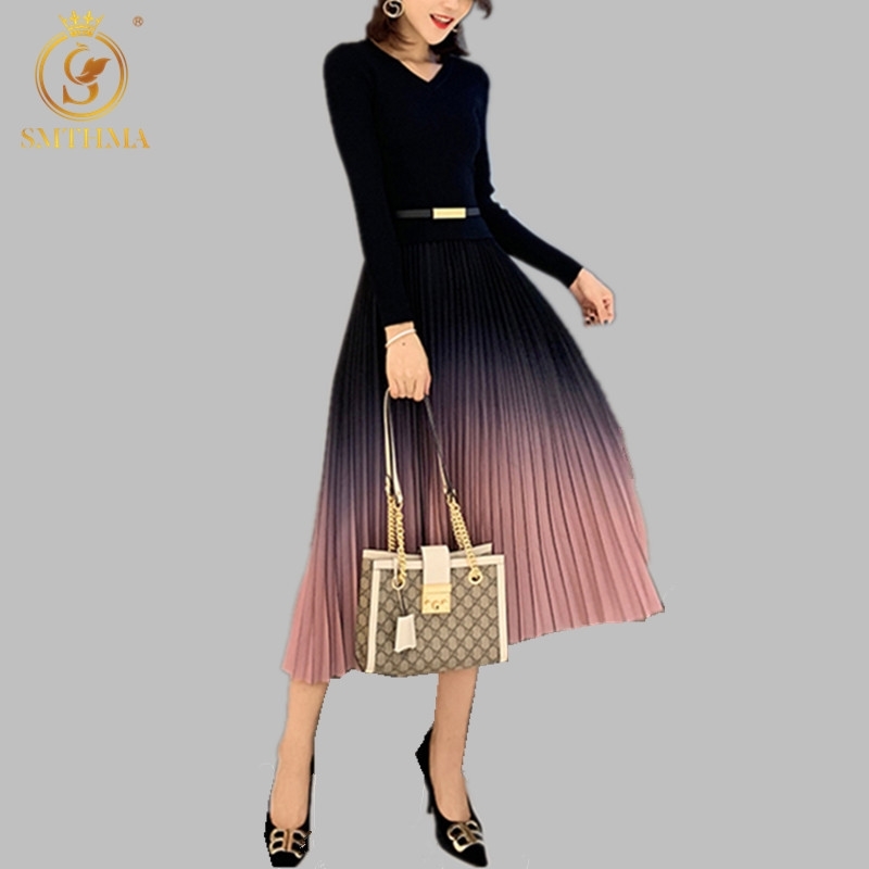 

High Quality Spring Women's Full-Sleeved Elegant Knitted Patchwork Dress Gradient Pleated Sweater Long Vestidos 210520, Photo color