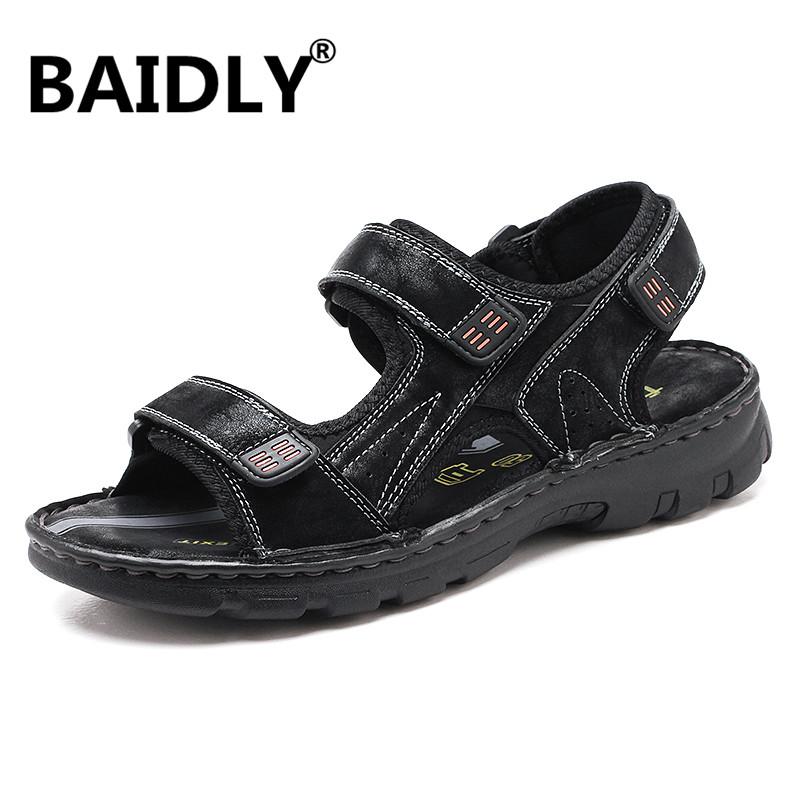 

Sandals Summer Men Casual Leather Shoes Beach Flat Hook & Loop Outdoor Sneakers Breathable Zapatos De Hombre, Black