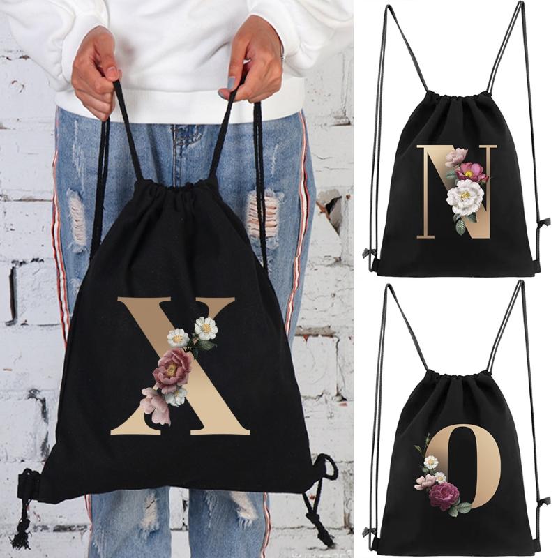 

Backpack Drawstring Bag Shoulders 26 Letter Gym Portable Outdoor Gift Storage Bags Travel Mini String, Black