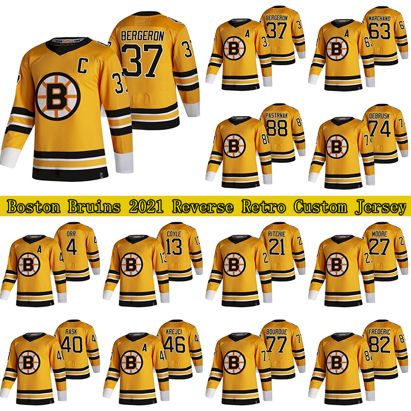 

88 David Pastrnak Custom Boston Bruins 2021 Reverse Retro Jersey 37 Patrice Bergeron 63 Brad Marchand 74 Jake DeBrusk Hockey Jerseys, Yellow 2019 final pacth