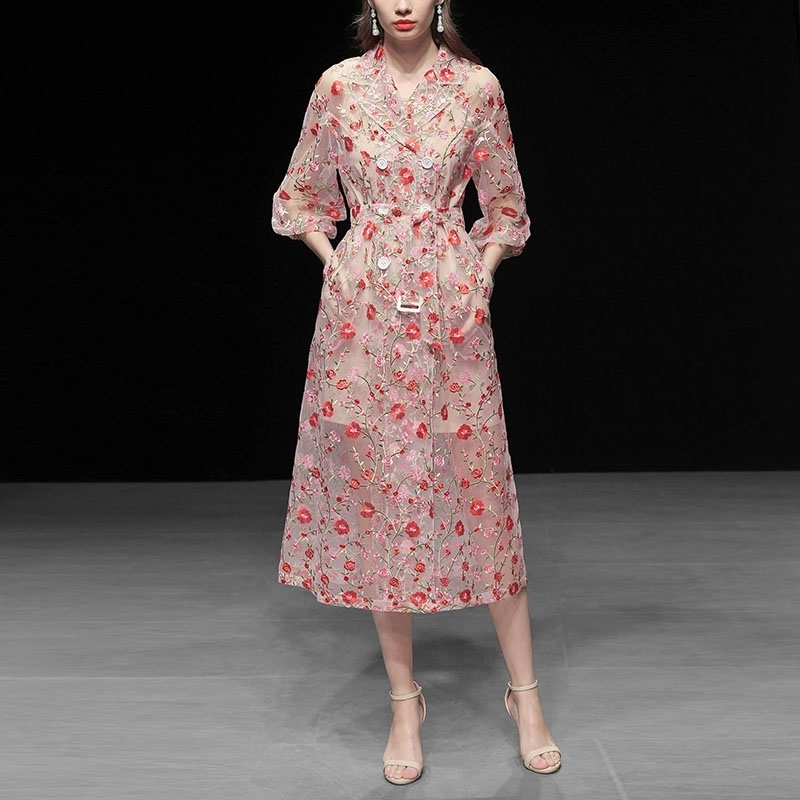

Summer Organza Dresses Women's Flower Floral Embroidery 3/4 Sleeve Double-breasted Long Outerwear Dress Female 210525, Pink