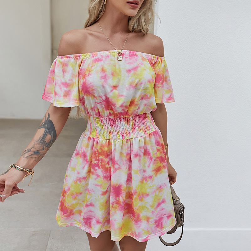 

Women Slash neck tie dye dress Summer floral printed bohe style Slim waist Casual Women' mini Dresses 210524, Red