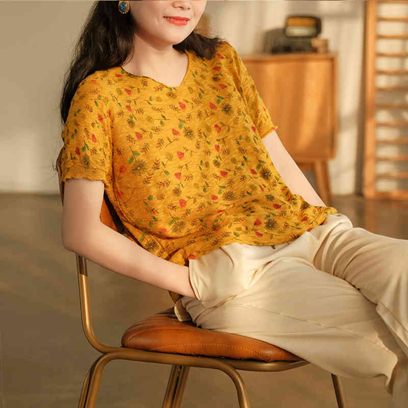 

Johnature Women Vintage Summer T-Shirts Short Sleeve Loose Soft Casual Clothes Female Geometric T-shirts Tops 210521, Khaki
