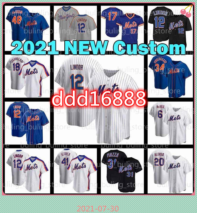 

12 Francisco Lindor 2021 New baseball jerseys Custom Jacob deGrom Pete Alonso Met Mike Dwight Gooden 34 Noah Syndergaard York Piazza, Blue;black