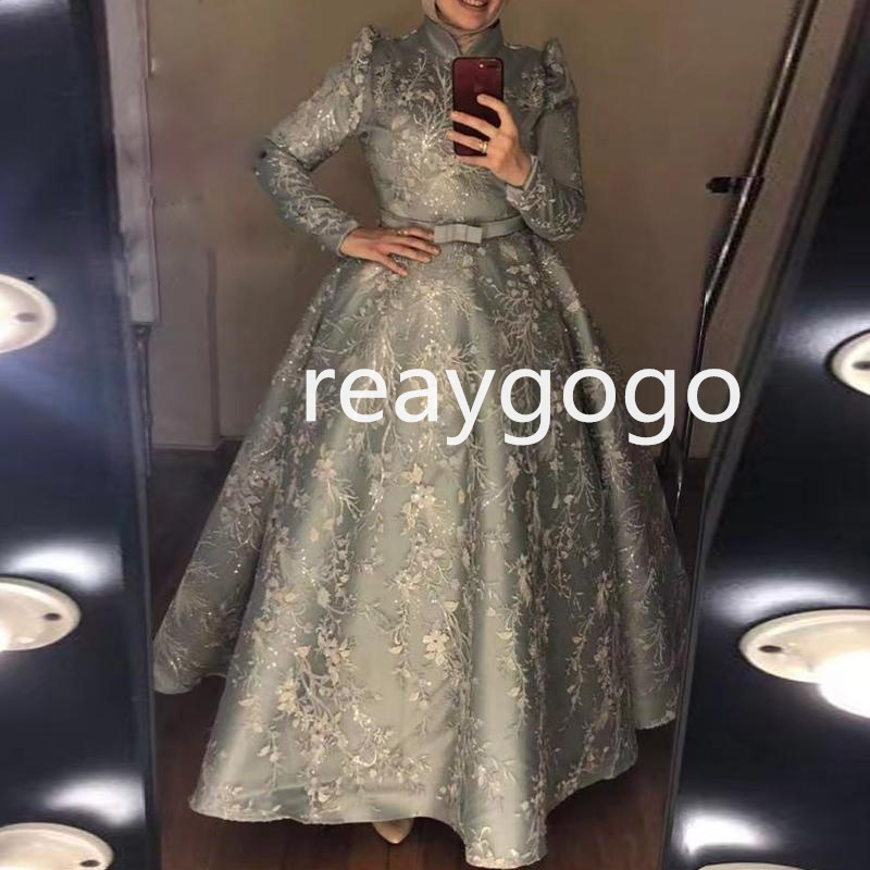 

Silver Grey Muslim Evening Formal Dresses 2022 Luxury Lace Applique Moroccan Caftan Puffy Long Sleeve Arabic Prom Dress Robes, Water melon