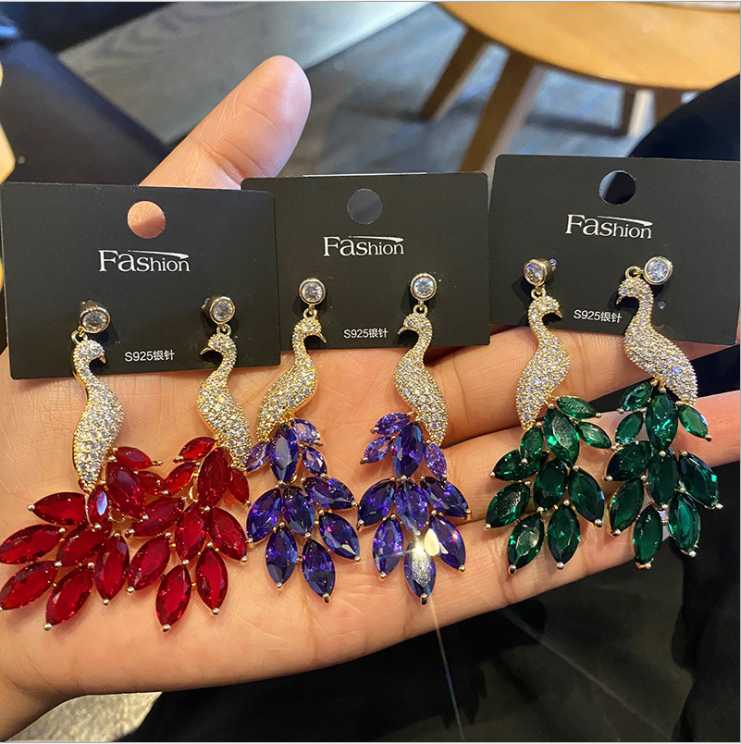 

Dangle & Chandelier S925 Silver Post Vintage Earrings 18K Gold Colored Zircon Peacock Animal