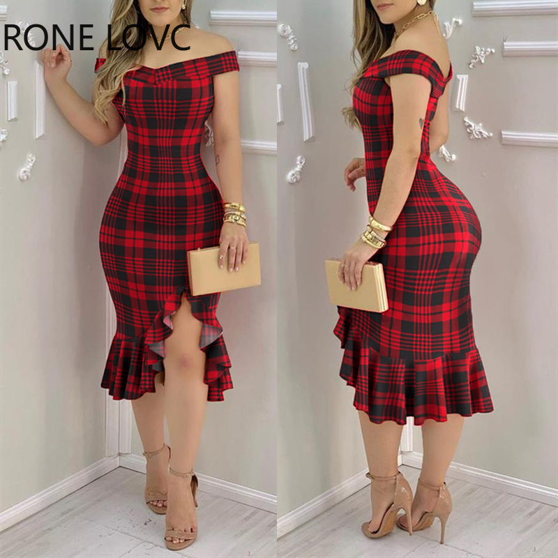 

Women Plaid Off Shoulder Ruffle Hem Slit Dress Party Sexy Dress Elegant Fashion Dress, Red