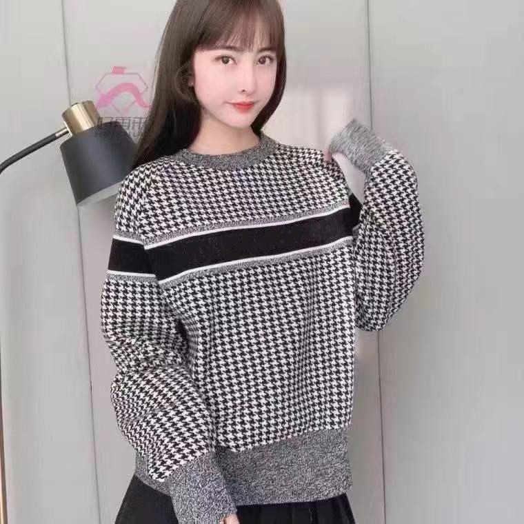 

High-quality designer Women's Knits round neck sweater 2021 autumn and winter long-sleeved houndstooth retro brown top fashion, White