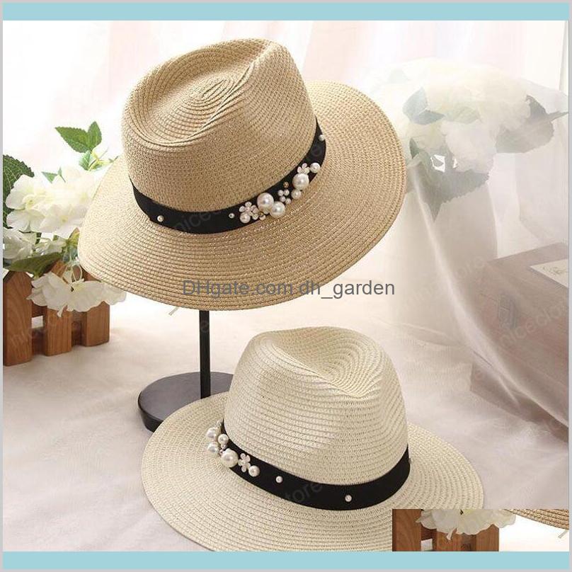 

Spring Summer For Women Beads Brimmed Jazz Panama Sun Visor Beach Pearl Rivet Straw Cs9Nf Brim Gulbq, Mixed color