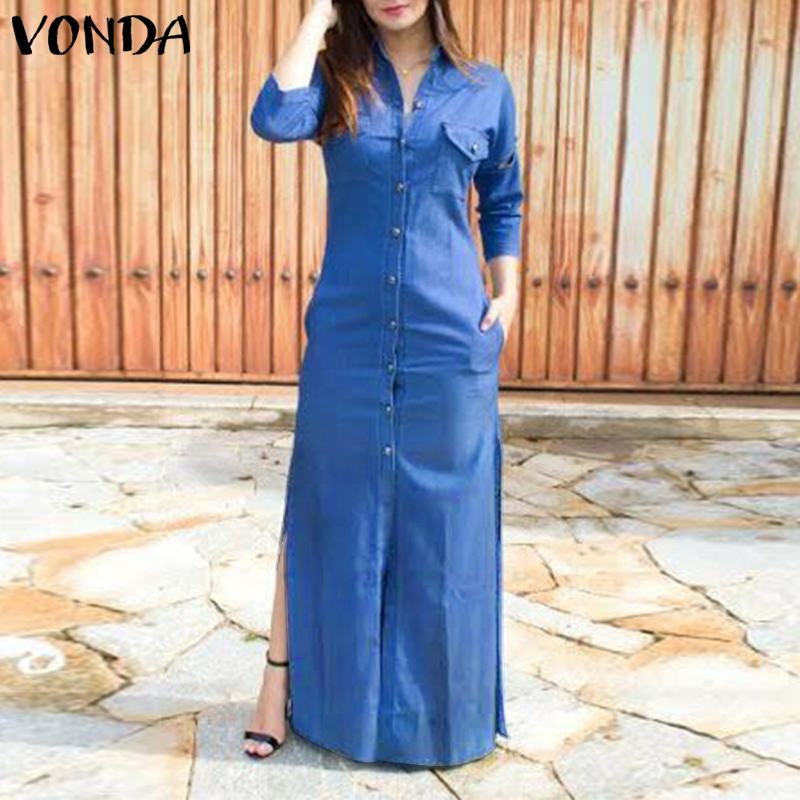 

Vintage Denmin Dresses Spring Sundress Split Holiday Party Maxi Dresses Women Lapel Button Long Dress VONDA Casual Solid Robe, Black