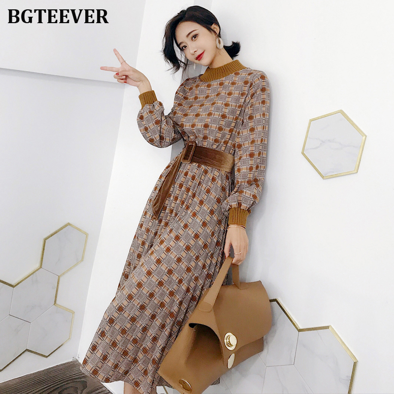 

BGTEEVER Autumn Dress Women Vintage Plaid Lantern Sleeve Female Maxi Dress Elegant Sashes Party Vestidos femme 2021, Coffee