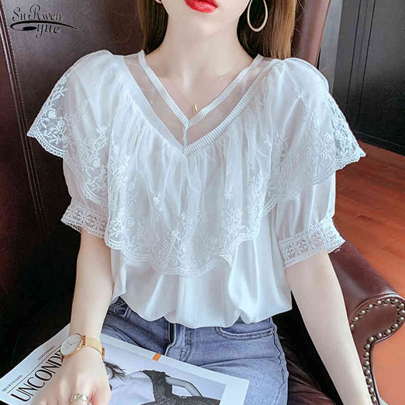 

Summer V-neck Blouse Loose Ruffled Patchwork Lace Short Sleeve Blouses Women Sweet Elegant Shirt Clothes Blusas 14288 210521, White