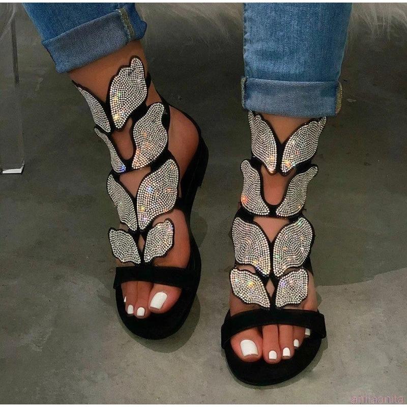 

Rhinestone Roman Sandals Women Summer Flat Open Tea Sexy Shoes Handmade Crystal Plus Size 35-43, Sliver