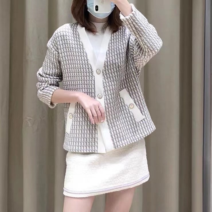 

Yuanm 2021 spring and summer new women's color contrast Plaid tweed milk taro loose coat, Black