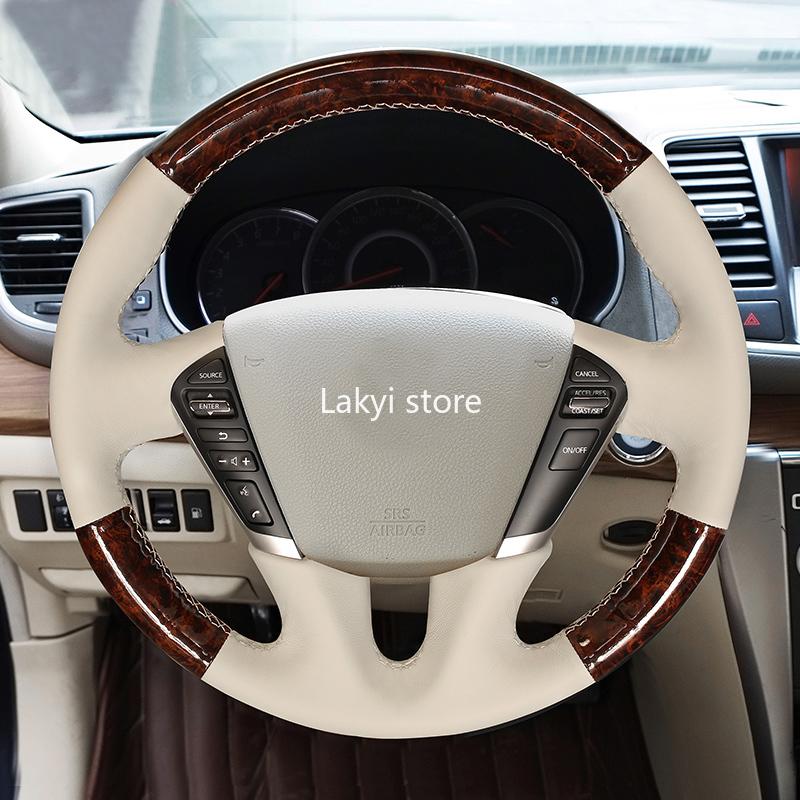 

Steering Wheel Covers DIY Hand Stitch Black Beige Leather Car Cover For Tiida Livina Qashqai X-Trail Teana Bluebird Sylphy