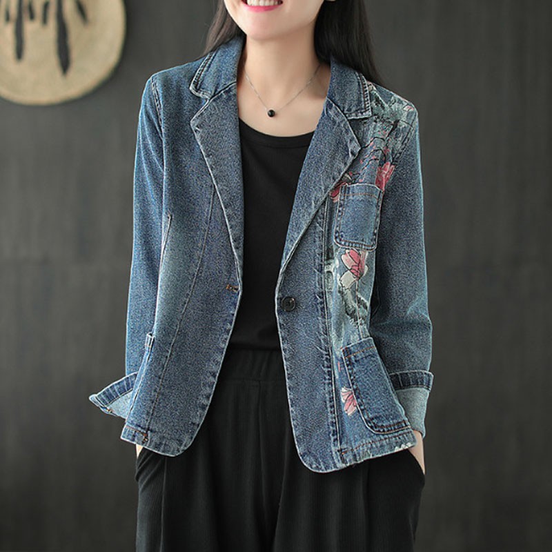 

Johnature Loose Retro Print Turn-down Collar Long Sleeve Single Button Denim Coats Autumn Leisure All-match Women Coat 210521, Blue