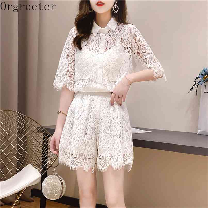 

Summer Solid Lace Casual Tracksuit Women Lapel 2 Piece Set Short Sleeve Shirt + Elastic Waist Shorts Drawstring Suits Outfits 210602, White